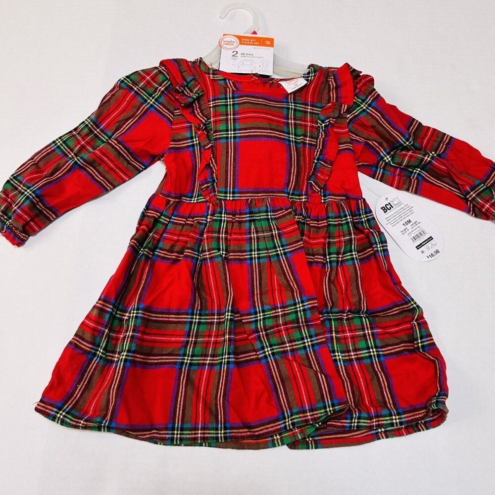 Baby Girl 12 Months Red Plaid Dress With Black Tights Holiday Outfit - Cotton